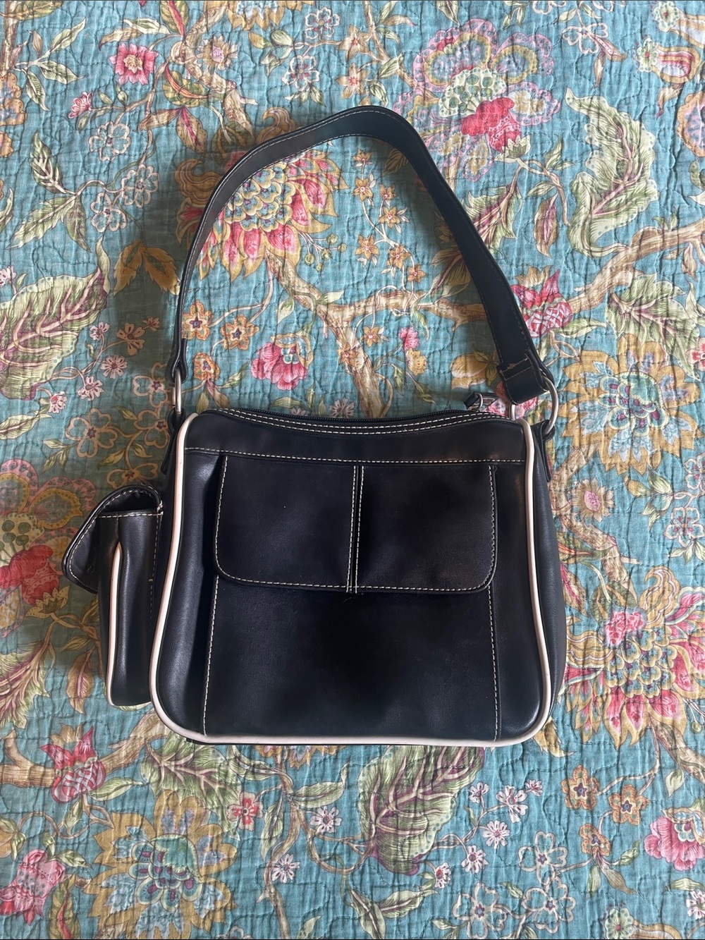 Classic Black Shoulder Bag with White Trim